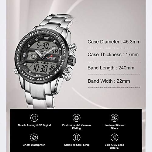 Adaskala NAVIFORCE Quartz Digital Eletrônico Masculino Relógio Dual Time Data Semana Display Backlig