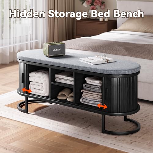 Decofy Shoe Storage Bench with Cushion and Sliding Doors, 47.2 Inch Shoe Bench with Storage, Freestanding Entryway Bench with Storage, Sturdy Metal Feet, for Hallway & Entrance Hall, Black Walnut by Decofy - Used condition - Image 5