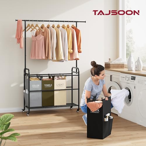Tajsoon Laundry Sorter Cart with Hanging Clothes Rack, 4 Butler Sorter Basket Organizer, Laundry Hamper Cart with Heavy Duty Rolling Lockable Wheels, 4 Colors - Thumbnail 2