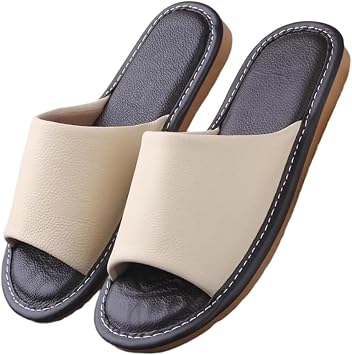 WIGSELBL Sandals Women Men Leather Slippers House Slippers for Indoor Outdoor,Unisex Soft Flat Sandals,Open Toe Summer Sandals Non Slip Home Bedroom ShoesCream,EUR42-43