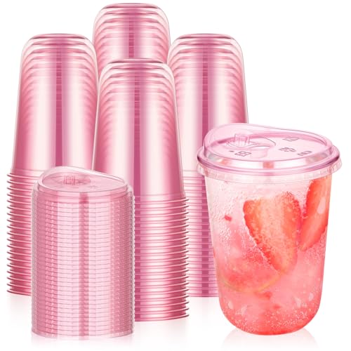 tchrules 100 Set 16oz Pink Plastic Cups with Sip Lids Disposable Round Bottom Iced Coffee Cup with Lid Pink Clear To Go Drinking Cup Bulk for Cold Drinks Slushie Valentine Bachelorette Party Supplies