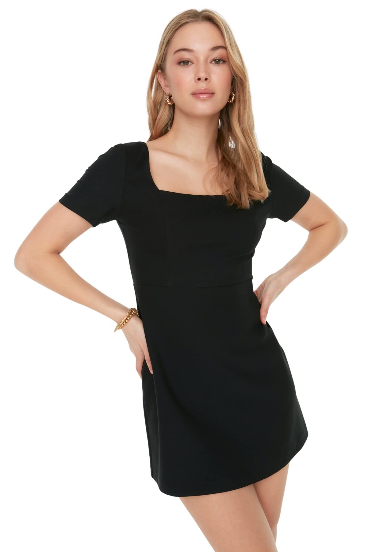 Trendyol Damen, klein, A-Linie, Normale Passform, gewebtes Kleid, Schwarz, 38