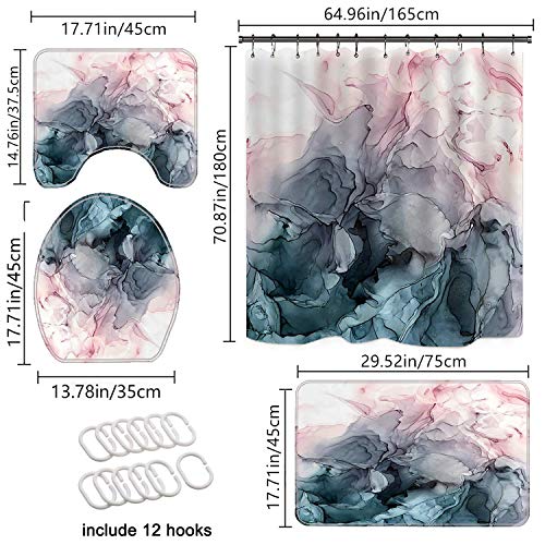 4 Pcs Abstract Pastel Blush And Blue Ombre Ink Art Bathroom Combination Set Shower Curtain Sets With Non-Slip Rugs+U-Shaped Contour Mat+Toilet Lid Cover, Waterproof Wear Shower Curtains With 12 Hooks #TOP3