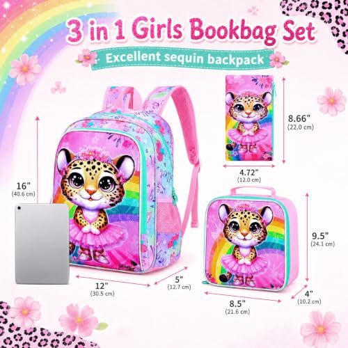 Image of CCJPX 3PCS Ballet Backpack for Girls, 16 Inch Kids Leopard Water Resistant Preschool Bookbags, Cute Elementary Kindergarten School Backpacks and Lunch Box