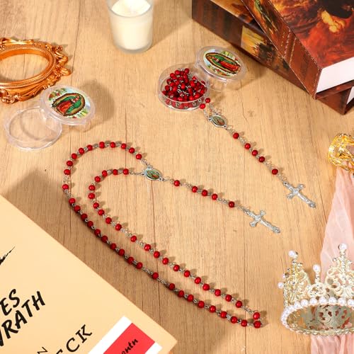 24 Pcs Scented Rosary Necklace Our Lady of Grace Party Favor Catholic Gifts with Box Saint Jude Rosary Beads Necklace for Funeral Baptism First Communion Party (Red)4