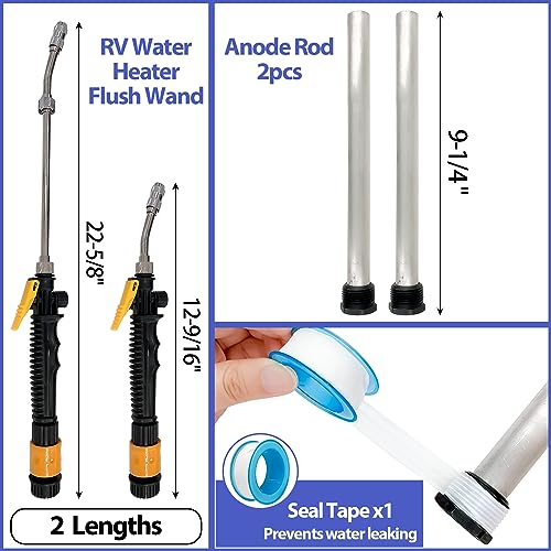 Image of Sutekus RV Water Heater Anode Rod and Flush Wand Set Remove Sediment and Scale RV Water Heater Tank Rinser Flusher with 3 /4 inch NPT Magnesium Rod & Seal Tape