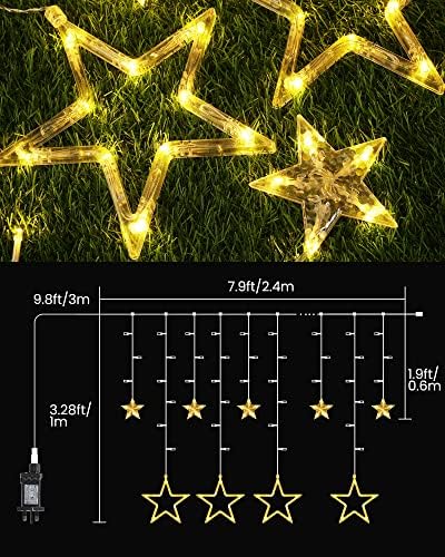 iShabao Christmas Star Curtain Lights, 138 LED Curtain Fairy Lights with 12 Stars, 8 Modes Christmas Window Lights for Xmas Tree, Party, Wedding, Garden, Bedroom, Christmas Decorations (Warm White)