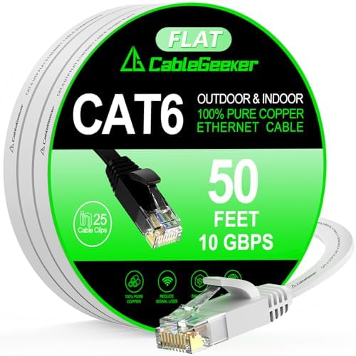 Cat 6 Ethernet Cable 50 ft, Support Cat8 Cat7, 10Gbps High Speed Flat Internet Network Cable with 25 Clips+4 Straps, White Computer Wire, RJ45 LAN Patch Cord for Outdoor&Indoor, Modem, Router, PS4/5