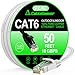 Cat 6 Ethernet Cable 50 ft (at a Cat5e Price but Higher Bandwidth) Flat Internet Network Cable - Cat6 Ethernet Patch Cable Short - White Computer LAN Cable + Free Cable Clips and Straps