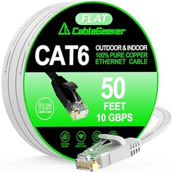 Cat 6 Ethernet Cable 50 ft, Support Cat8 Cat7, 10Gbps High Speed Flat Internet Network Cable with 25 Clips+4 Straps, White Computer Wire, RJ45 LAN Patch Cord for Outdoor&Indoor, Modem, Router, PS4/5