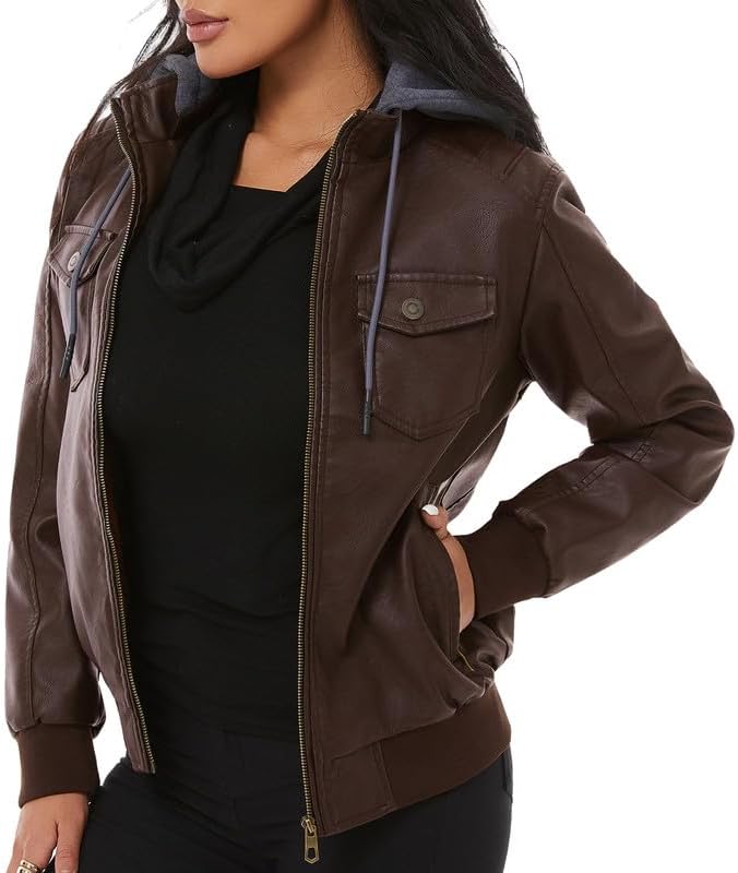 GGleaf Women's Faux Leather Jacket Waterproof Motorcycle Bomber Jacket Vintage PU Moto Biker Coat - Image 7