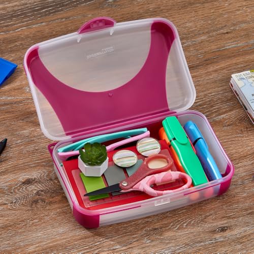 Image of LockerMate by Bostitch Hard Pencil Case, Durable Plastic Pencil Box, Kid-Friendly Design, Fuchsia & Clear