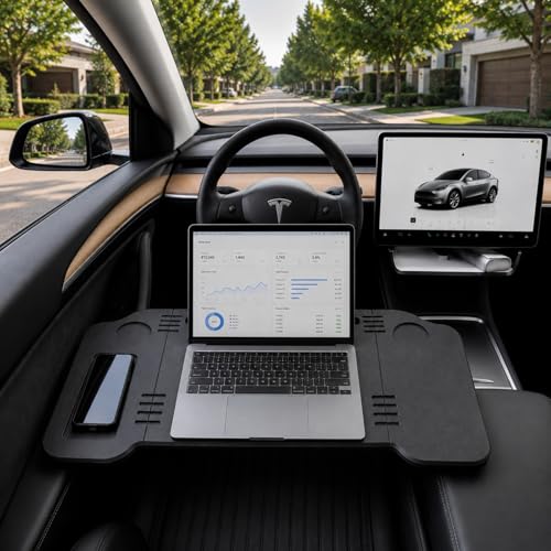 WTGFLV Tesla Car Desk for Model 3 & Model Y Foldable Car Table Tray that Spans Front Seats Portable Laptop & Food Tray for Parked Use Charging Stops Travel and Car Camping