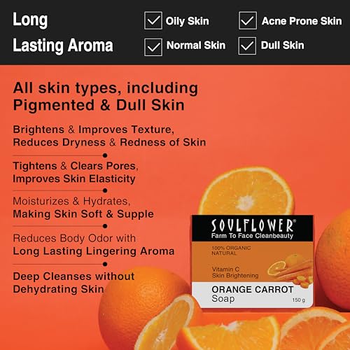Image of Soulflower Orange Carrot Handmade Soap 100% Natural, Cold-Processed Bath Bar with Essential Oils for Brightening Skin Tone, 150g (Pack of 2)