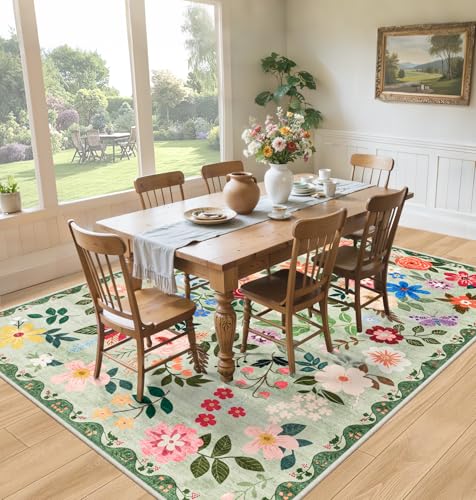 8x10 Area Rugs for Living Room: Floral Washable Rug Vintage Large Soft Boho Non-Slip Carpet Indoor Stain Resistant Low Pile Carpets for Bedroom Dining Room Farmhouse Nursery Hallway Home Office Green