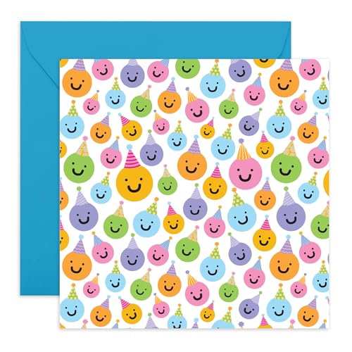 Smiley-Emojis-Geburtstagskarte – fröhliche Feierkarte für Kollegen, Kollegen, Offiemates, Freunde, Besties, Officemates, Teamkollegen – bunte Gesichter in Partyhüten – mit lustigen Aufklebern