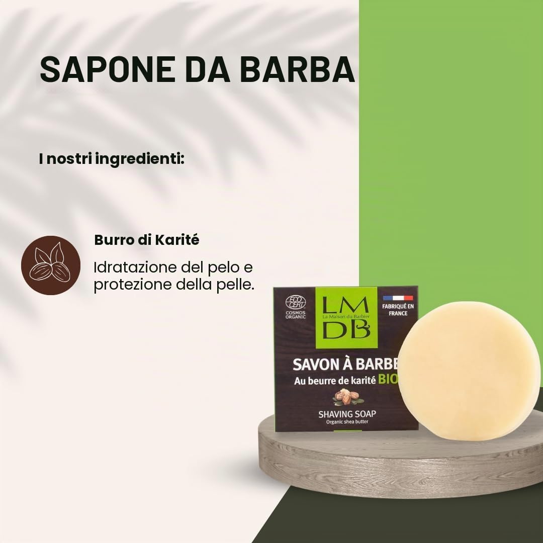Sapone per barba al burro di karité biologico Ecocert Cosmos Organic - 99% naturale, 79% biologico - Fabbricazione francese - 80 g