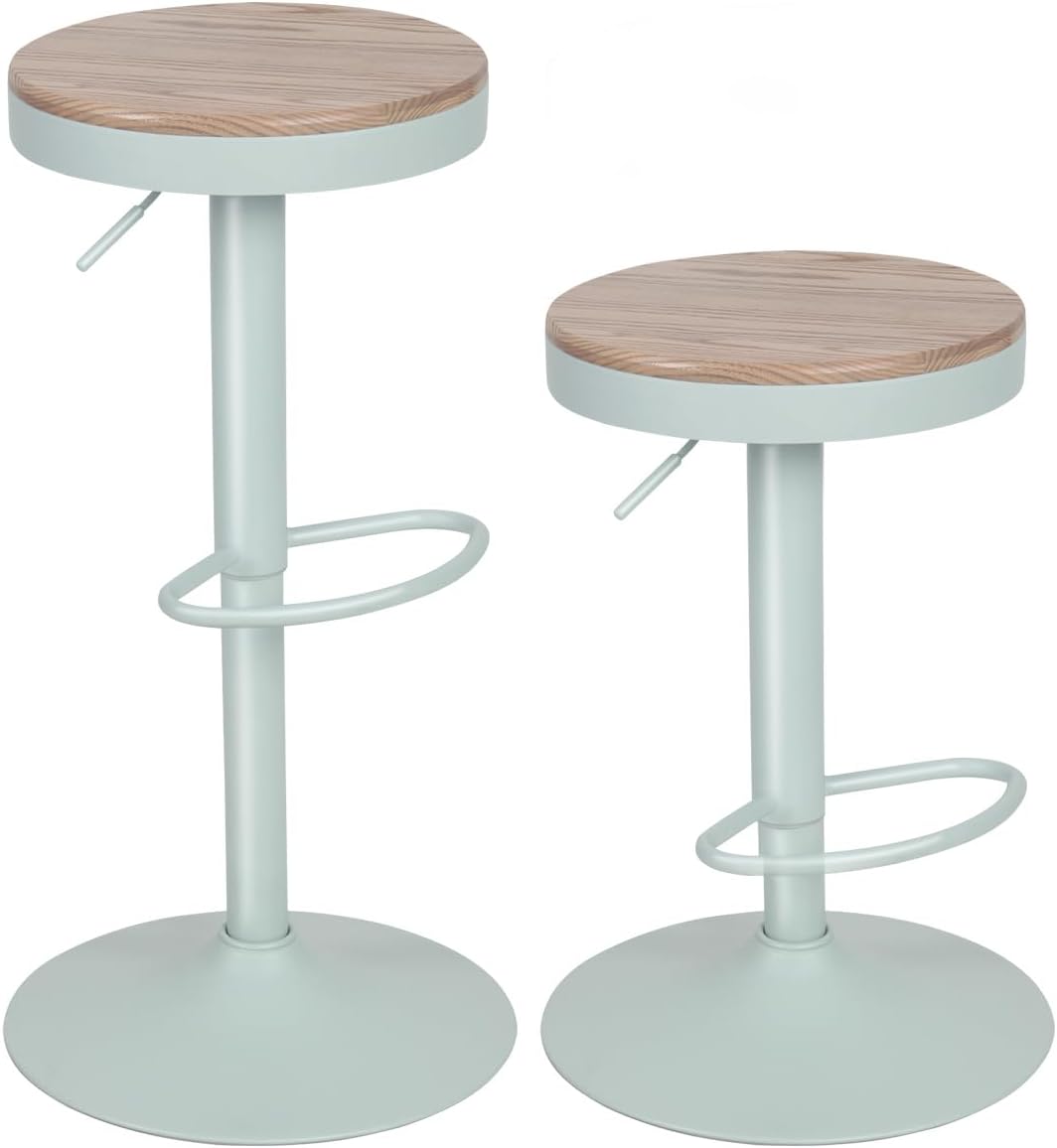 YOUNIKE Set of 2 Wooden Bar Stools Bar Stools High Metal Frame 360  Height Adjustable Rotatable with Footrest Industrial Green