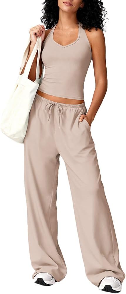 Women's Sexy 2 Piece Outfits Sleeveless Halter Tank Top and Loose Wide Leg Pants Matching Lounge Set