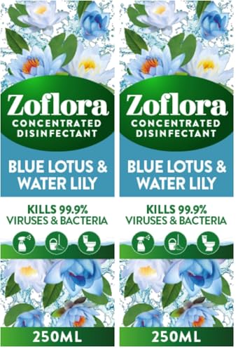 Image of Zoflora Blue Lotus and Waterlilly Concentrated Multipurpose Disinfectant Liquid, Antibacterial and Multi-Surface, Pet Safe Disinfectant, Kills 99.9 Percent Of Bacteria and Viruses, 1 X 250 ml