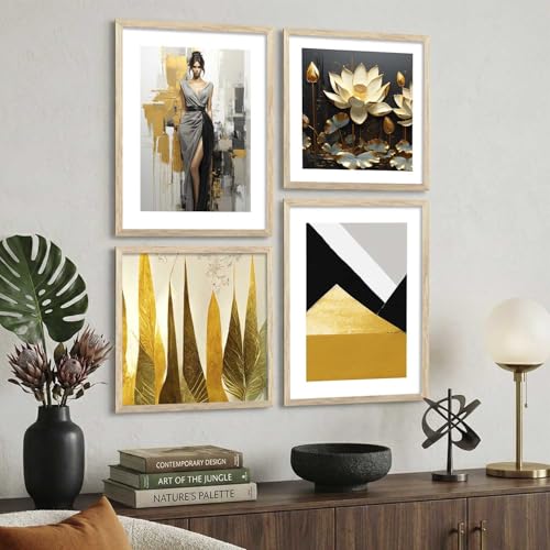Image of kotart Premium Paintings with Frame for Home Decoration - Modern Art Black and Golden Painting for Living Room Bedroom Office Wall Decoration - Pack of 4 (Art 3, Big (13x17 or 13x13 inch))
