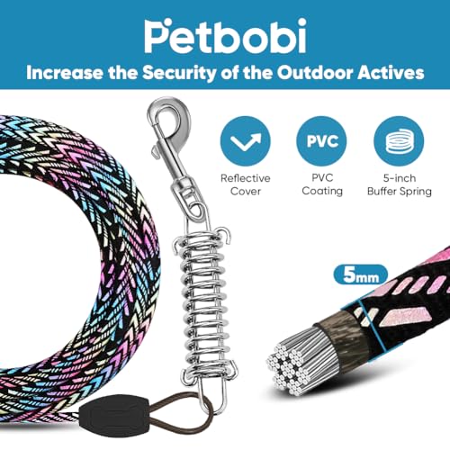Petbobi Dog Tie Out Cable and Stake - 30 ft Heavy Duty Reflective Cable with Spring - No Tangle, 16-inch Ground Stake - for Yard, Camping, Beach - for Medium Large Dogs Up to 120 lbs, Color Gradient - Thumbnail 2
