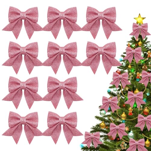 10 Pezzi Fiocchi di Natale, 15x14cm Glitterati Fiocchi per Albero di Natale, Fiocchi di Natale per Albero, Fiocchetti Piccoli per Decorazioni, per Albero di Natale Appeso, Decorazione Regalo (Pink)