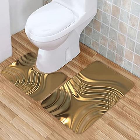 Kuroseha Gold Metal Swirling Bathroom Rugs, Luxury 2-Piece Bath Mat Set, Soft Plush Anti-Slip Bath Rugs + U Shape Contoured Bathroom Rugs Cover