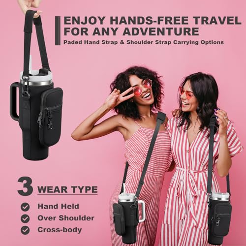 Image of Water Bottle Carrier Bag with Phone Pocket for Black Stanley 40 oz Tumbler with Handle, Black Insulated Neoprene Cup Holder Pouch Strap for Valentines Stanley Cup Accessories