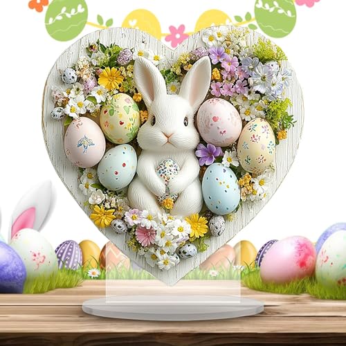 Mesa de Pascua decorada con letrero de acrílico 2D de conejito y huevo multicolor