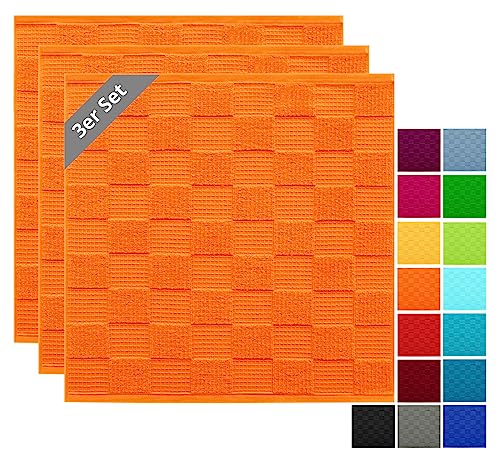 Lashuma Lissabon keukendoeken Oranje, set van 3 stuks 50x50 cm theedoeken van frottee - wafel, handdoeken voor de keuken