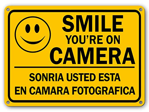 Smile You're on Camera Security Video Surveillance Sign English Spanish Waterproof Fade Resistant UV Protective Ink CCTV Home Security Alert Sign Smile Security Camera Sign 7