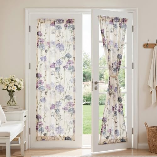 Image of MYSKY HOME Floral Linen French Door Curtains 72 inch Long 2 Panels for Front Door Light Filtering Privacy Semi Sheer Window Curtains with Rod Pocket, Purple, 24 inch W Each Panel
