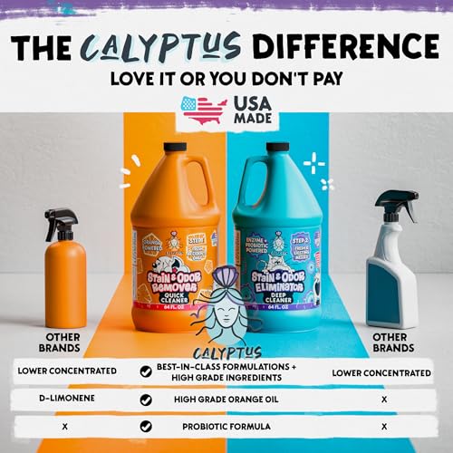 Image of Calyptus Pet Stain and Odor Remover | Orange and Enzyme Cleaner Duo Solution for Pets | 128oz (64oz x 2 Bottles) | Carpet Cleaner and Odor Eliminator for Cat Urine, Dog Pee, and Poop | Pro Strength