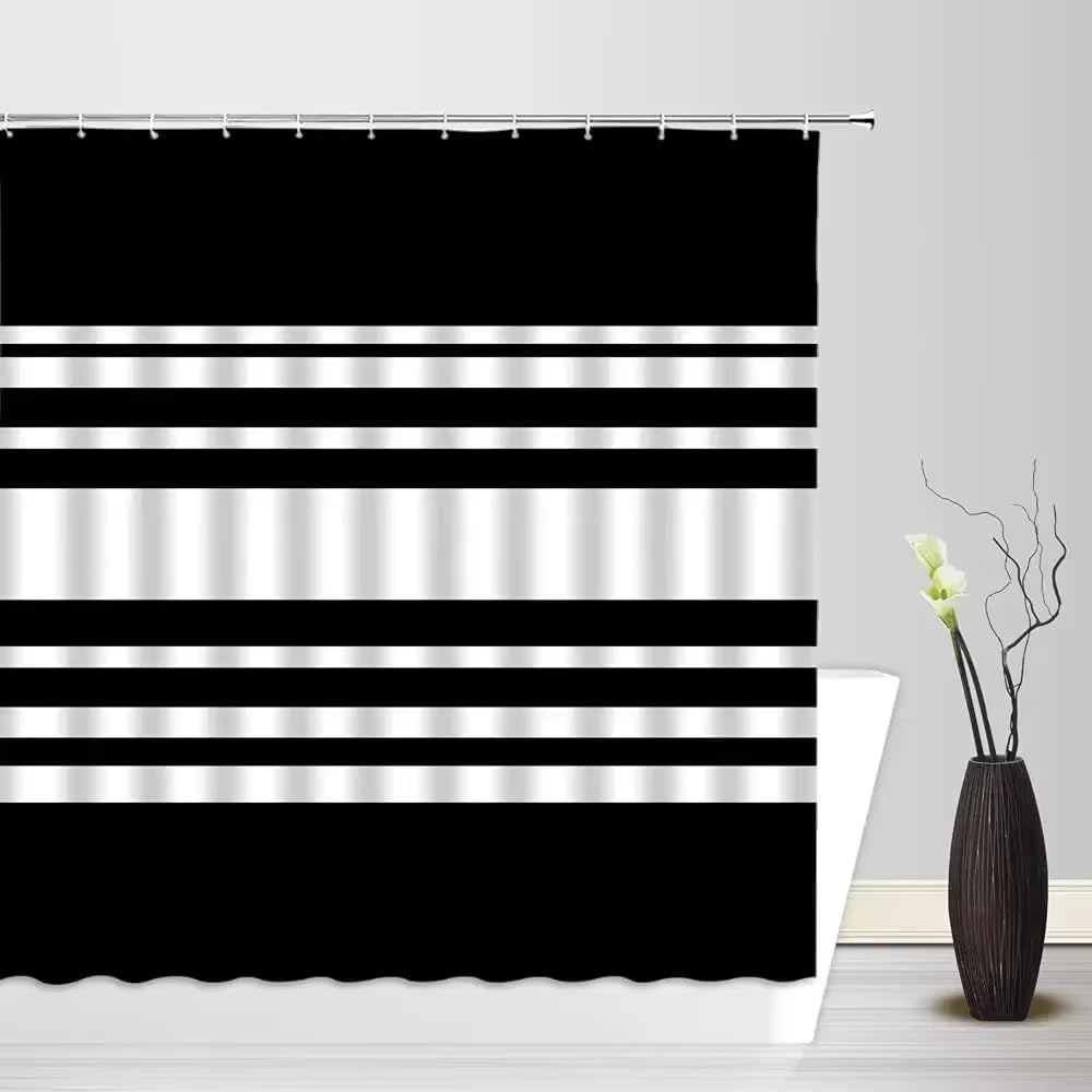 KELAIMI Simple Striped Shower Curtain - Modern Geometric Horizontal Stripe Bathroom Curtain with Hooks - Farmhouse Aesthetic Waterproof Bath Curtain Color 7 180X200Cm