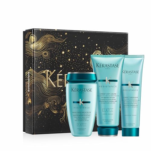 Kérastase, Resistance, Cofre con Rutina Reparadora con Champú Bain Force Architecte 250 ml, Acondicionador Ciment Anti-Usure 200 ml y Protector Térmico Ciment Thermique 150 ml, Para Cabello Dañado
