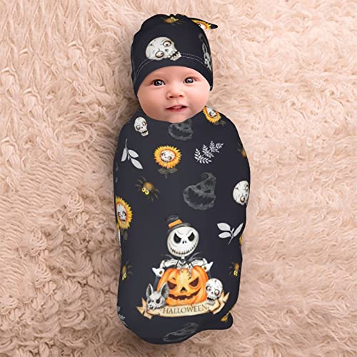 Auhomea Halloween Pattern In Black Skulls Newborn Swaddle Blanket Soft Unisex Infant Swaddle Wrap Blanket Baby Receiving Blanket With Beanie Hat For Boy And Girl #TOP3