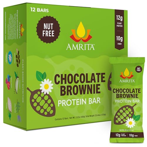 Amrita Nut Free Chocolate Brownie Vegan Protein Bars (12 Count) | 12g Plant-Based Protein Bar | Peanut Free, Gluten Free, and Dairy Free | Low Sugar, High Fiber, Healthy School-Safe Snacks