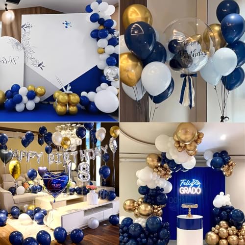 Image of 200 Pcs Navy Blue Gold and White Balloons 12 Inch Latex Metallic Chrome Balloon Arch Garland Kit for Birthday Wedding Bridal Baby Shower Supplies Graduation Party Decorations
