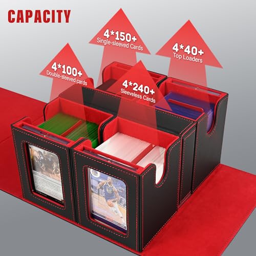Image of Kabinka Card Deck Box for MTG Commander, Holds 400+ Double-Sleeved Cards, 5 IN 1 Detachable Card Case with Dice Tray, Fits Magic /TCG Cards, 4 Magnetic Card Holders & Dividers (Black Red)