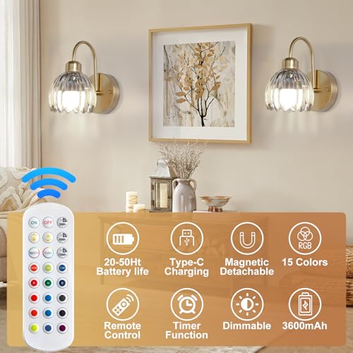Image of Cordless Wall Sconce Sets of 2, Tulip Glass Shades Rechargeable Battery Operated Wall Sconce, Retro Flower Gold Wall Lights Bathroom Vanity Sconces, Wall Mounted Lamps for Bedroom Living Room