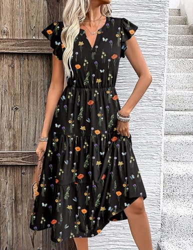 Image of ZEAGOO Womens Summer Casual Dresses Ruffle Sleeve V Neck Midi Dress Flowy Tiered Dress with Pockets Boho Sundresses