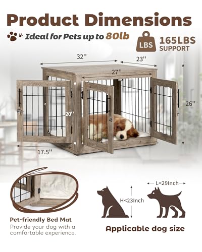 Dog Crate Furniture, 32 inch Medium Dog Crates with Bed Mat, Wooden Dog Kennel Furniture, End Side Table Dog Cage with 3 Doors, Greige - Image 3