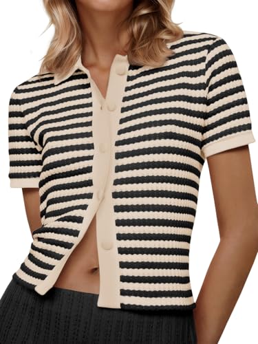 Saodimallsu Womens Striped Short Sleeve Sweater Tops Polo Collared Button Crochet Summer Cropped Cardigan