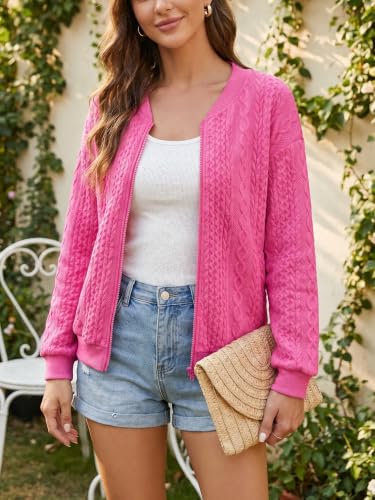 Image of WROLEM Women's Zip Up Cardigan Sweater Cable Hoodies Long Sleeve Jacket Outfits Crewneck Casual Coat Rose Red, Small