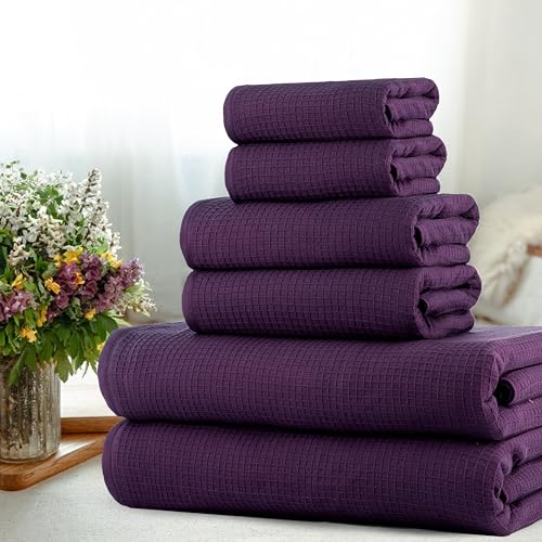 Image of Casa Copenhagen, Egyptian Cotton - Waffle Terry Towel 6 Piece Set, Includes 2 Bath Towels 2 Hand Towels 2 Washcloths - Dark Purple