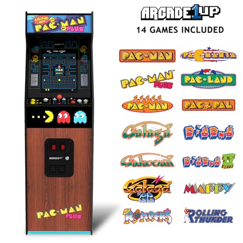 Arcade1Up PAC-Man Plus Deluxe Arcade Machine - 14 Classic Games, Retro Game Console for Home, 5’ Tall Cabinet with 17-Inch Screen, Stand Up Video Game for Game Room