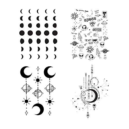 SanerLian Moon Phase Planet Temporary Tattoo Sticker Black Waterproof Adult Men Women Arm Hand 15X11cm Set of 4 (Design1)