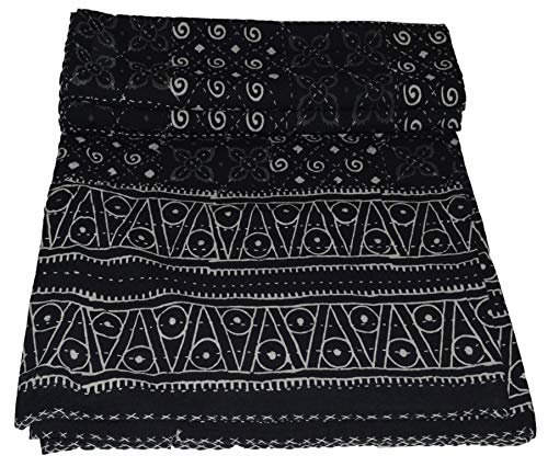 YUVANCRAFTS Indian Ajrakh Screen Print Kantha Quilt Handmade Pure Cotton Traditional Print Queen Quilt Blanket Bedspreads Throw