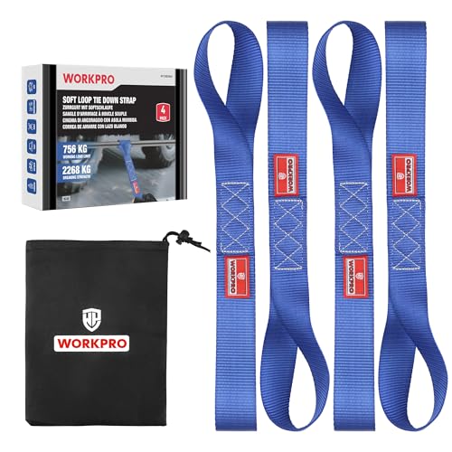 WORKPRO Sangles d’Arrimage à Boucle Souple 4PCS 43×4 cm, Résistance à la Rupture 2268 kg, Charge de Travail 756 kg, Polyester Haute Résistance, Sangle...